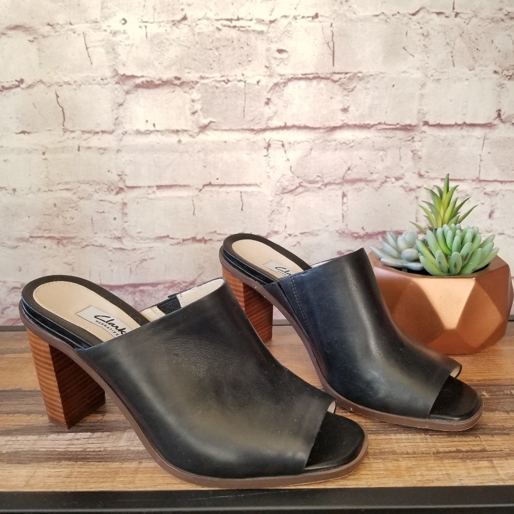 Clarks Narrative Black Heeled Open Toe Mule Sandal